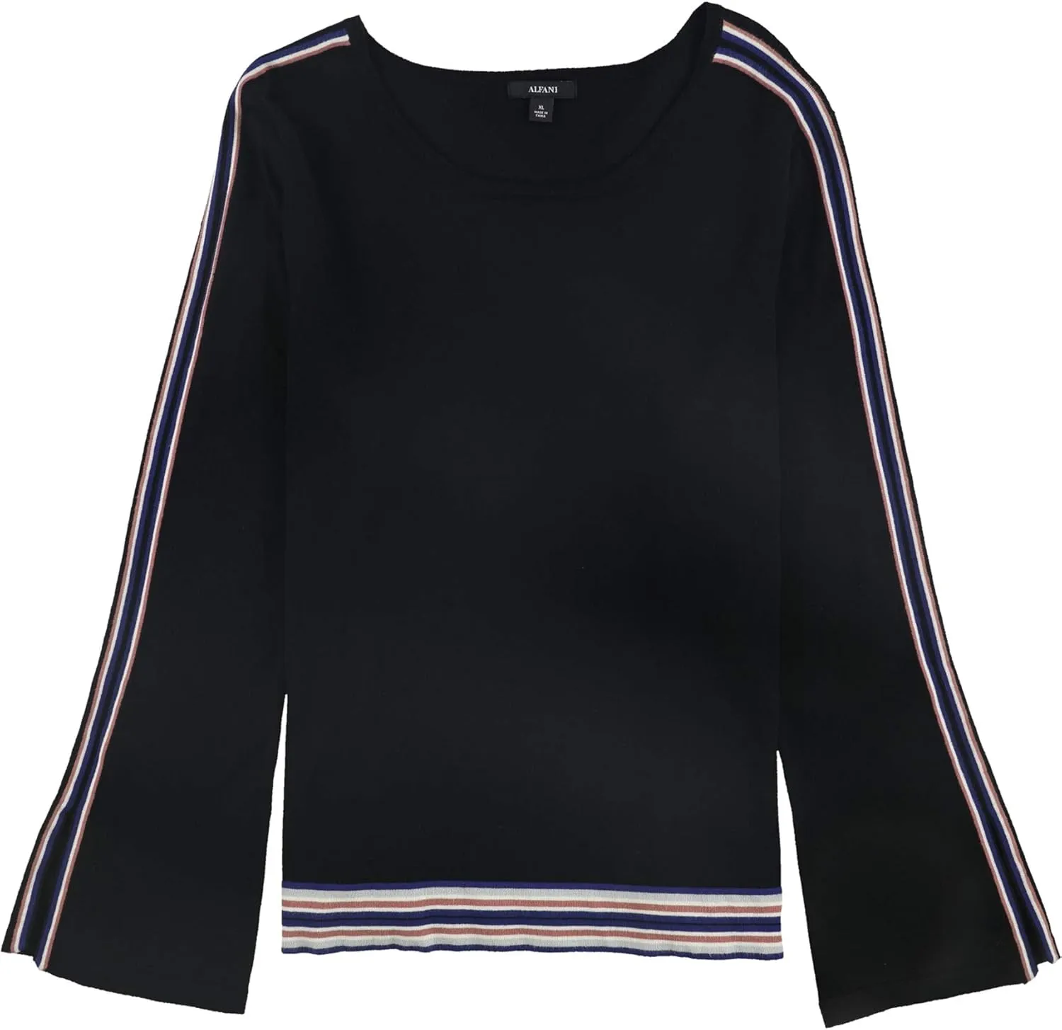 Alfani Womens Striped Bell Sleeve Pullover Sweater, Black, Medium