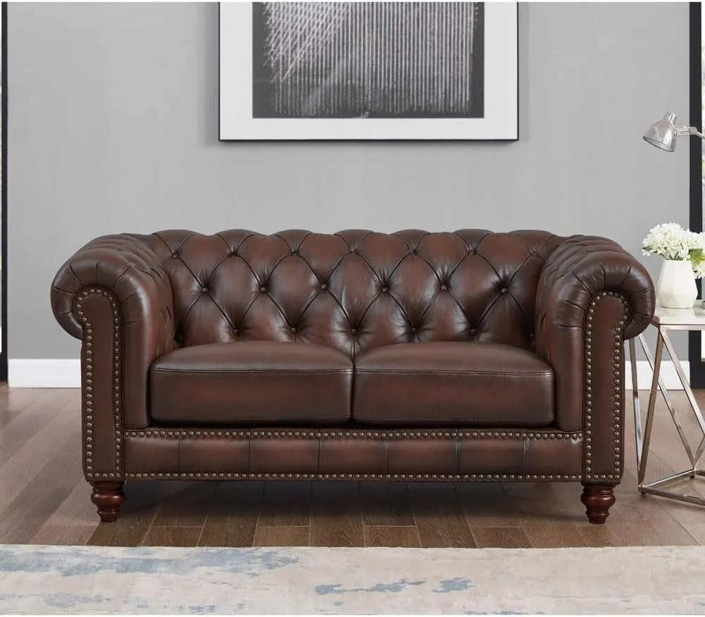 Alton Bay Top Grain Leather Loveseat: Luxurious Comfort, Chesterfield Design, Living Room Elegance