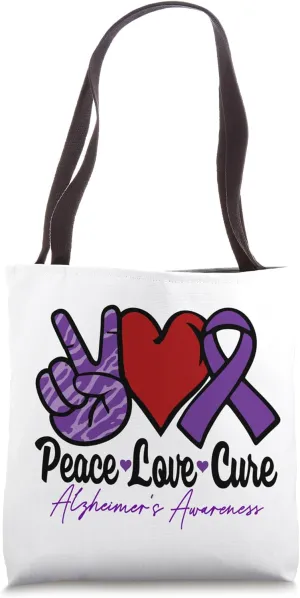 Alzheimer's Peace Love Cure peace sign heart purple ribbon Tote Bag