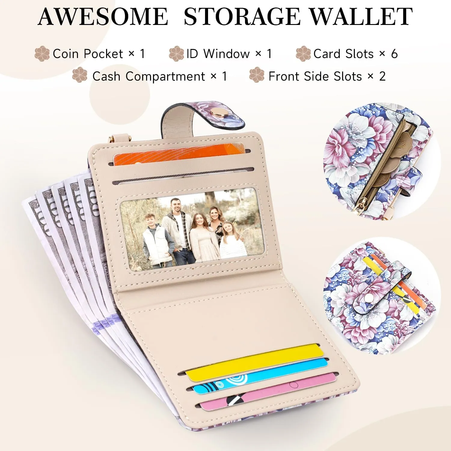 APHISON Women RFID Slim Bifold Wallet, Card Holder with Zipper Coin Purse, Ultra-Thin Compact Wallet with ID Window Minimalist Pink