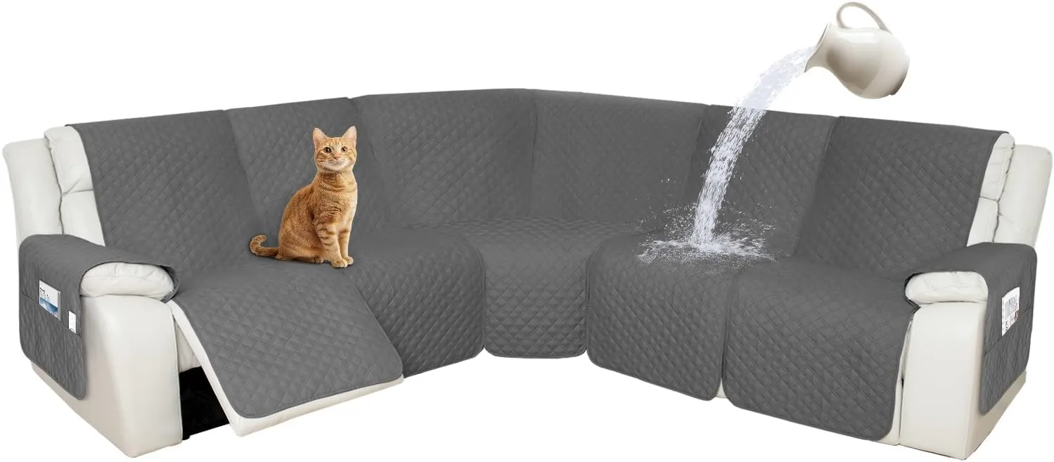 Arfntevss Recliner Sectional Couch Covers 1OO% Waterproof L Shape Sofa Cover for Reclining L Shaped Sectional Slipcover Set for Dog Washable Corner Non Slip Furniture Protector (5 Seater, Dark Gray)