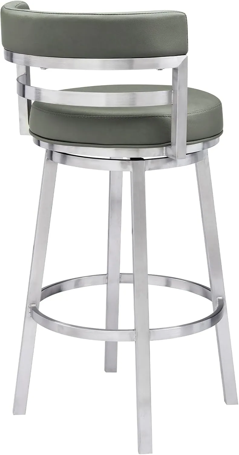 Armen Living Madrid 26" Counter Height Swivel Modern Gray Faux Leather and Brushed Stainless Steel Bar Stool for Kitchen Island Counter