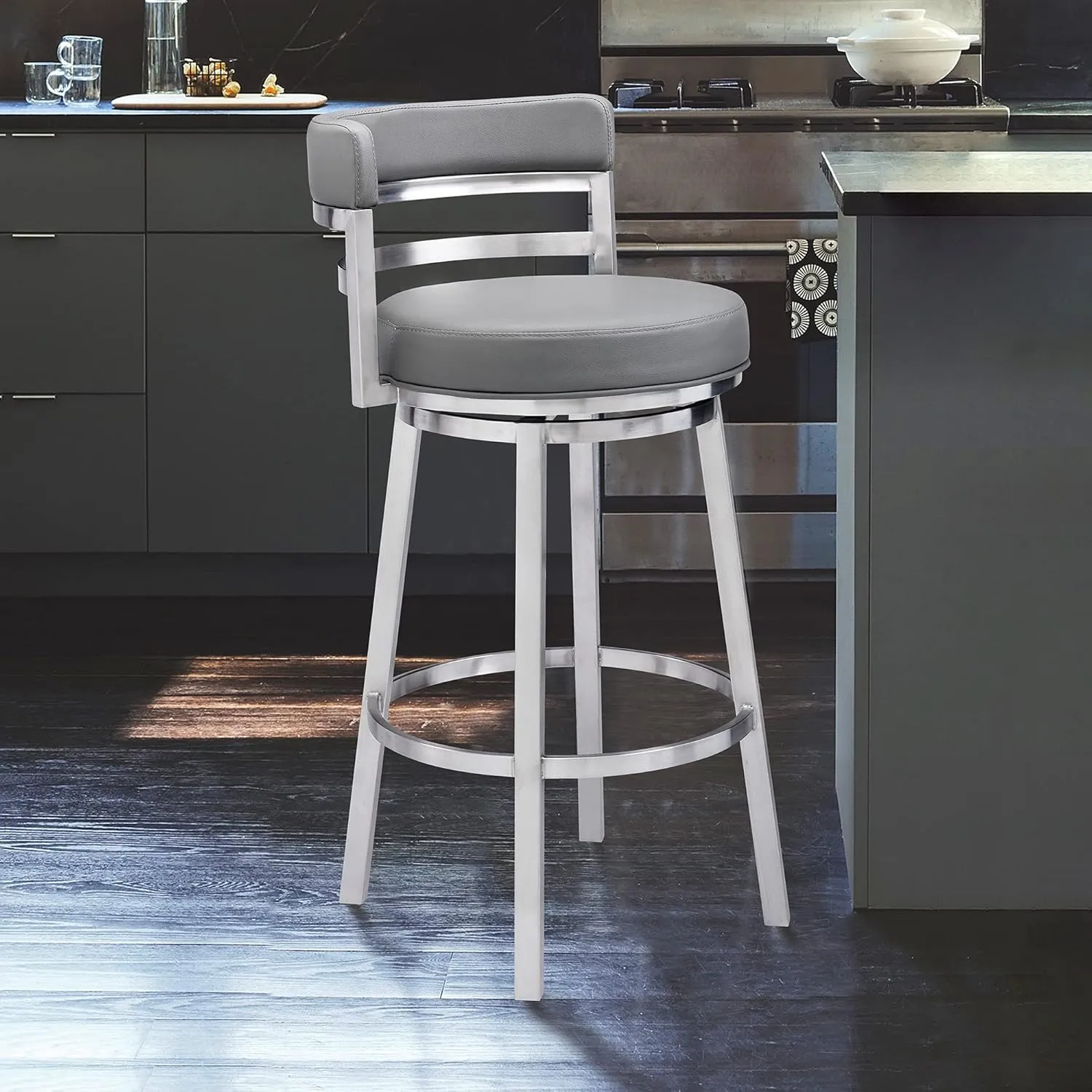 Armen Living Madrid 26" Counter Height Swivel Modern Gray Faux Leather and Brushed Stainless Steel Bar Stool for Kitchen Island Counter