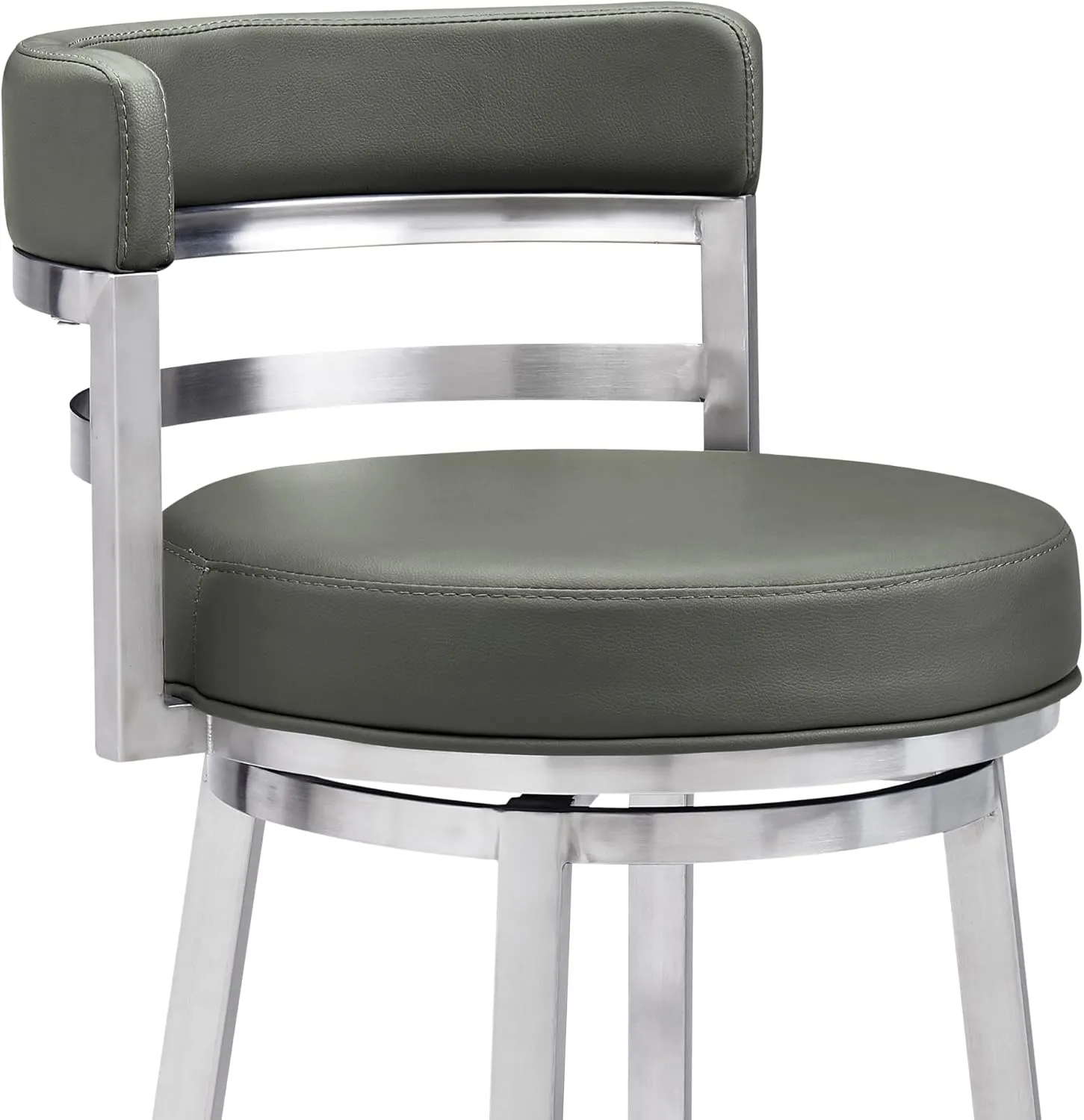 Armen Living Madrid 26" Counter Height Swivel Modern Gray Faux Leather and Brushed Stainless Steel Bar Stool for Kitchen Island Counter