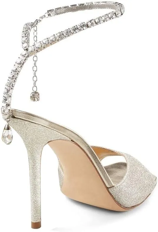 Arqa Rhinestone Ankle Strap Heeled Sandals Peep Toe Sparkly High Heels Slingback Stiletto Heels Wedding Pumps