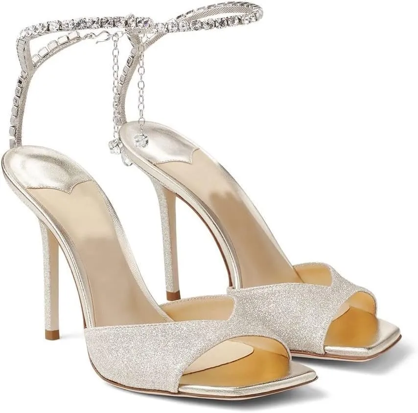 Arqa Rhinestone Ankle Strap Heeled Sandals Peep Toe Sparkly High Heels Slingback Stiletto Heels Wedding Pumps
