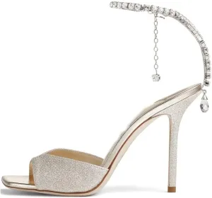 Arqa Rhinestone Ankle Strap Heeled Sandals Peep Toe Sparkly High Heels Slingback Stiletto Heels Wedding Pumps