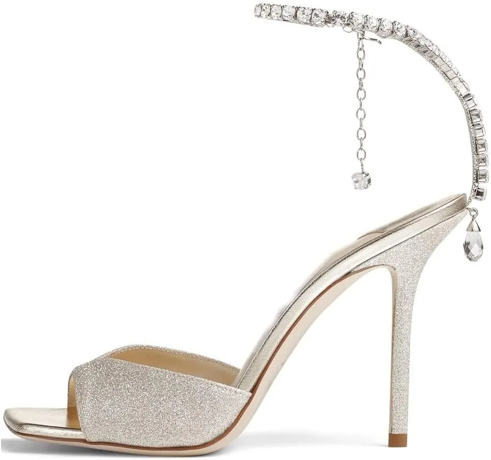 Arqa Rhinestone Ankle Strap Heeled Sandals Peep Toe Sparkly High Heels Slingback Stiletto Heels Wedding Pumps
