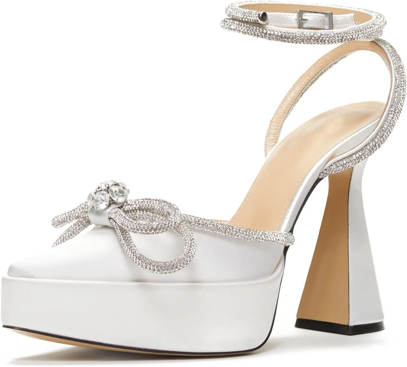 Arqa Women's Rhinestone Bow Platforms,Diamond Ankle Strap Pumps Chunky Heel Wedding Slingback Pump