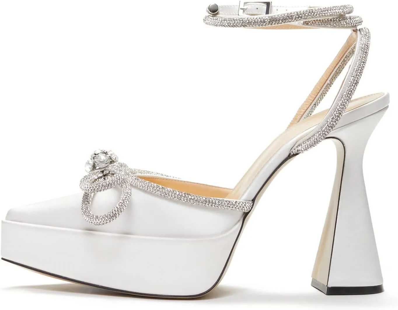 Arqa Women's Rhinestone Bow Platforms,Diamond Ankle Strap Pumps Chunky Heel Wedding Slingback Pump
