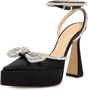 Arqa Women's Rhinestone Bow Platforms,Diamond Ankle Strap Pumps Chunky Heel Wedding Slingback Pump