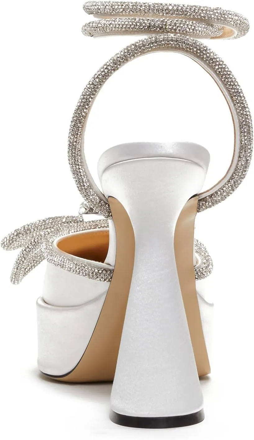 Arqa Women's Rhinestone Bow Platforms,Diamond Ankle Strap Pumps Chunky Heel Wedding Slingback Pump