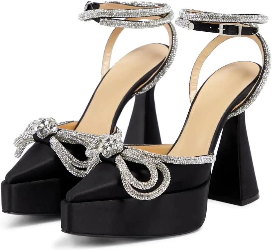 Arqa Women's Rhinestone Bow Platforms,Diamond Ankle Strap Pumps Chunky Heel Wedding Slingback Pump