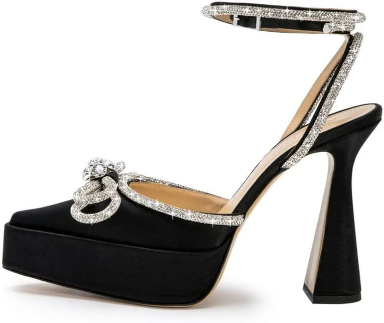 Arqa Women's Rhinestone Bow Platforms,Diamond Ankle Strap Pumps Chunky Heel Wedding Slingback Pump