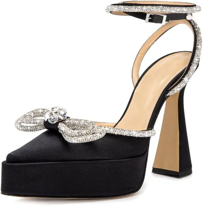 Arqa Women's Rhinestone Bow Platforms,Diamond Ankle Strap Pumps Chunky Heel Wedding Slingback Pump
