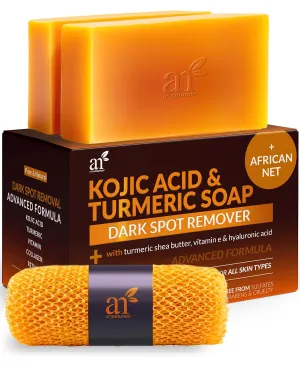 Artnaturals Kojic Acid Soap   African Net Sponge (2 pack X 142g Turmeric bars) Dark spot remover & Scars - Original Japanese Complex Vitamin C, Hyaluronic Acid, retinol, shea butter (Citrus)