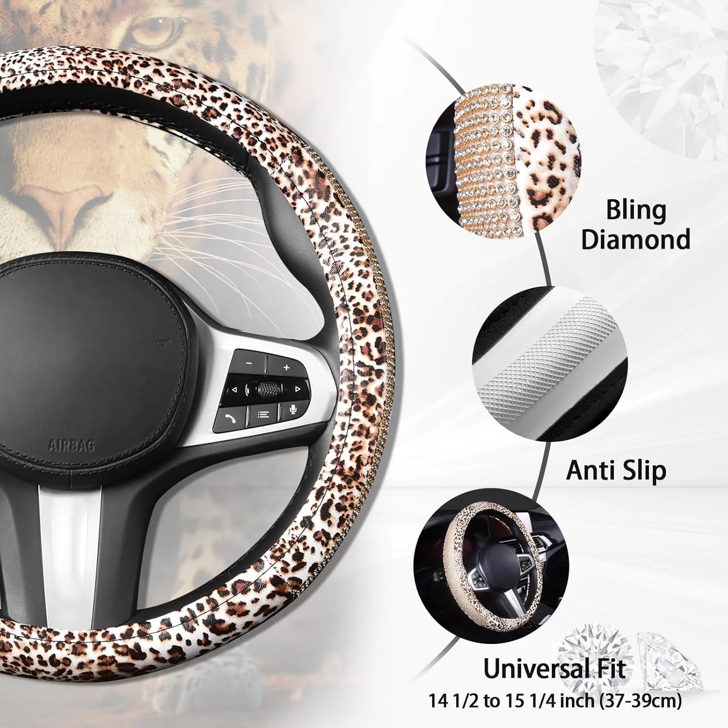 AUTOYOUTH Leopard Leather Steering Wheel Cover for Women Girls with Bling Bling Crystal Rhinestones Anti-Slip Cute Car Wheel Protector Universal 15 Inch Fit for Vehicle, Car, Auto, SUV, Black Silver…