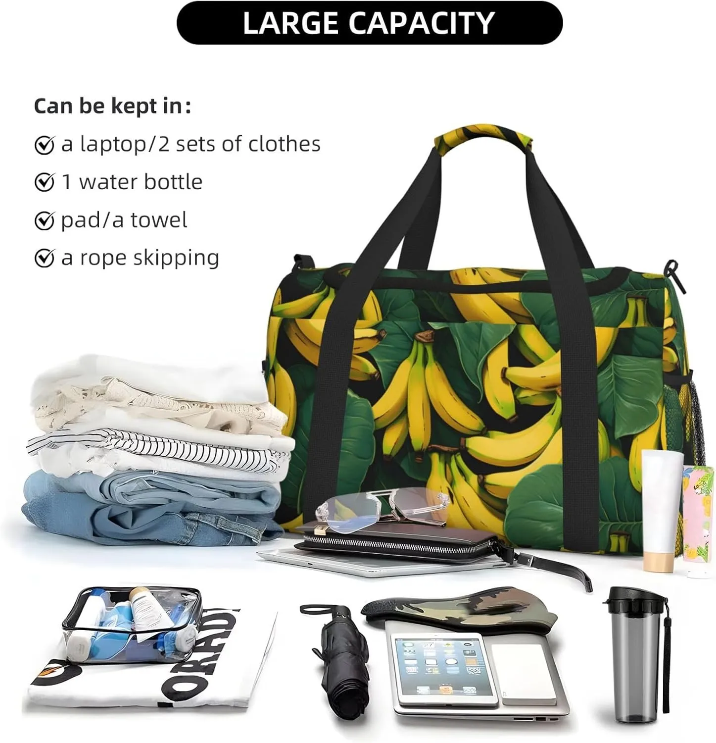 Banana Green Leaves Duffle Bag Foldable Travel Tote Bag Carry On Large Weekender Overnight Bags Waterproof Gym Bag For Women Men