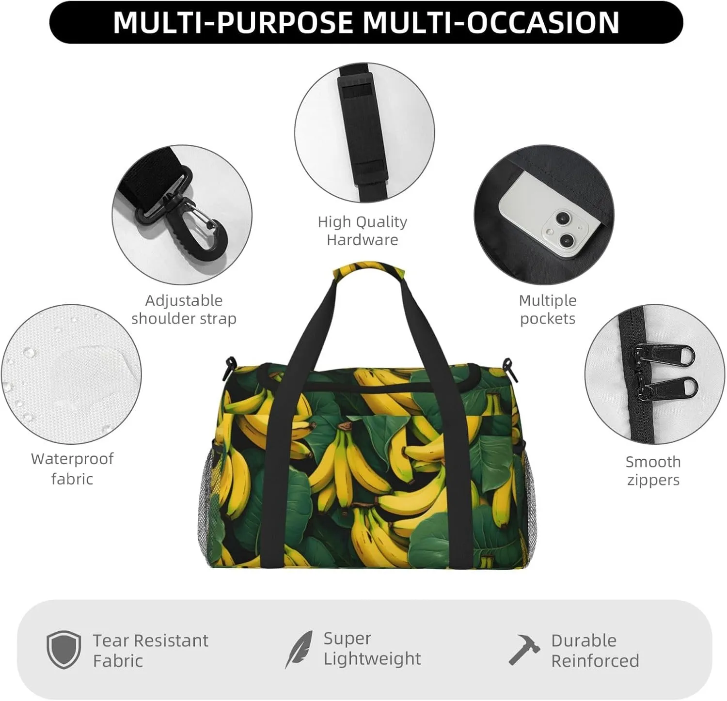 Banana Green Leaves Duffle Bag Foldable Travel Tote Bag Carry On Large Weekender Overnight Bags Waterproof Gym Bag For Women Men