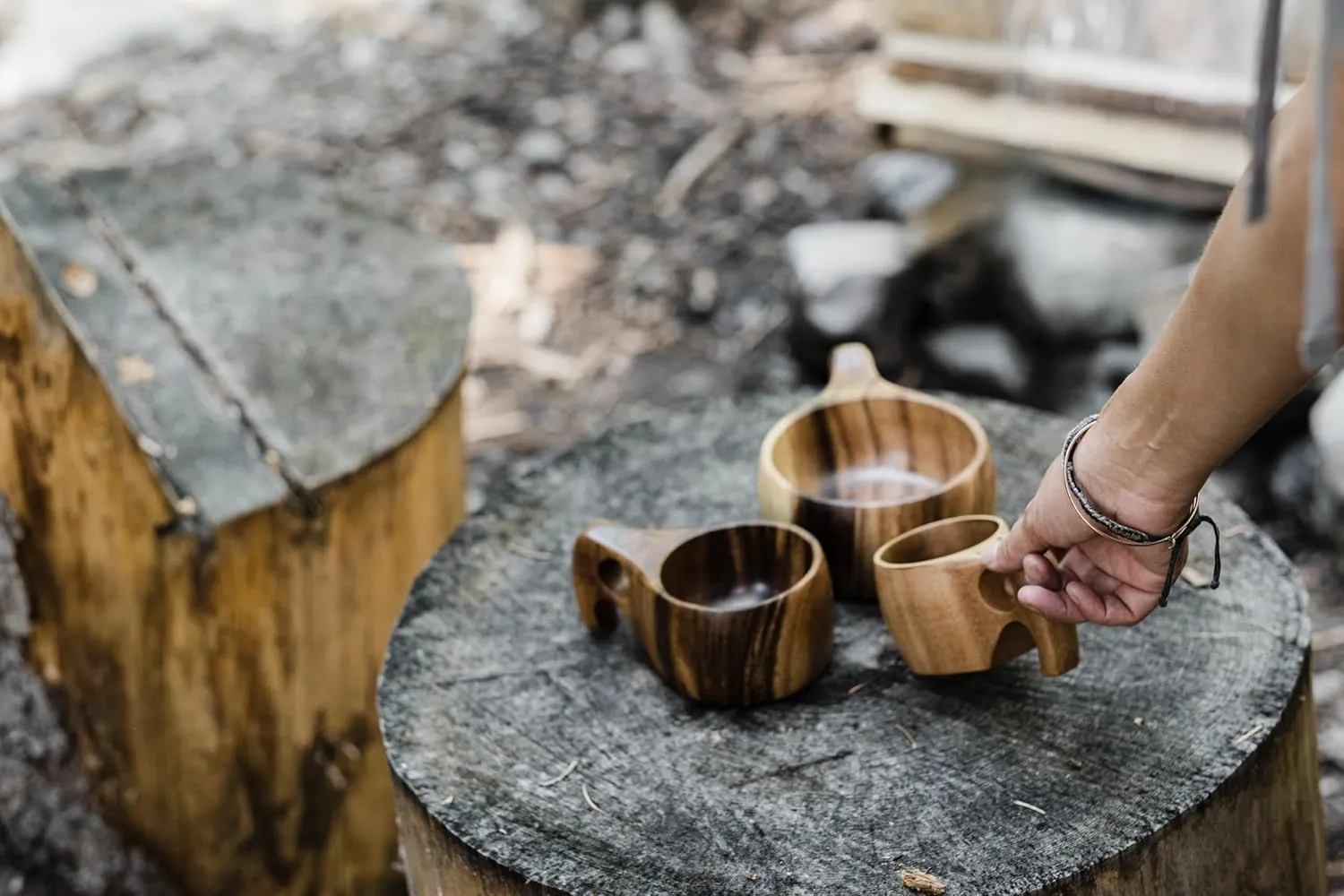 Barebones Kuksa Wooden Drinking Cup - Unique Acacia Mug with Nordic Style, Ergonomic Handle, Food-Safe Coating and Leather Cord - Versatile, Sustainable for Camping or Home (8 oz)