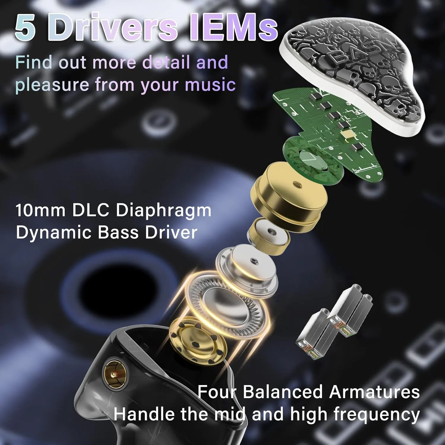 BASN Bmaster5 in Ear Monitors, 1DLC Diaphragm 4BA 5 Drivers Drummers Headphones with Silver-Plated OFC Cable, Noise Isolation IEM Earbuds for Musicians (Midnight Black)