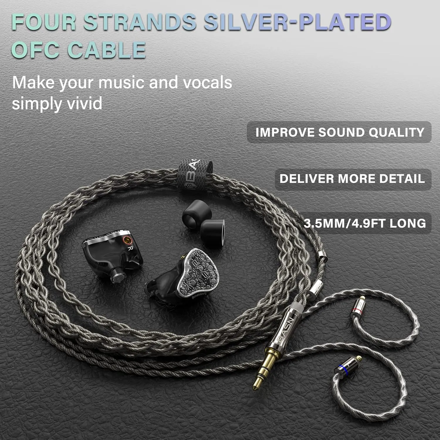 BASN Bmaster5 in Ear Monitors, 1DLC Diaphragm 4BA 5 Drivers Drummers Headphones with Silver-Plated OFC Cable, Noise Isolation IEM Earbuds for Musicians (Midnight Black)