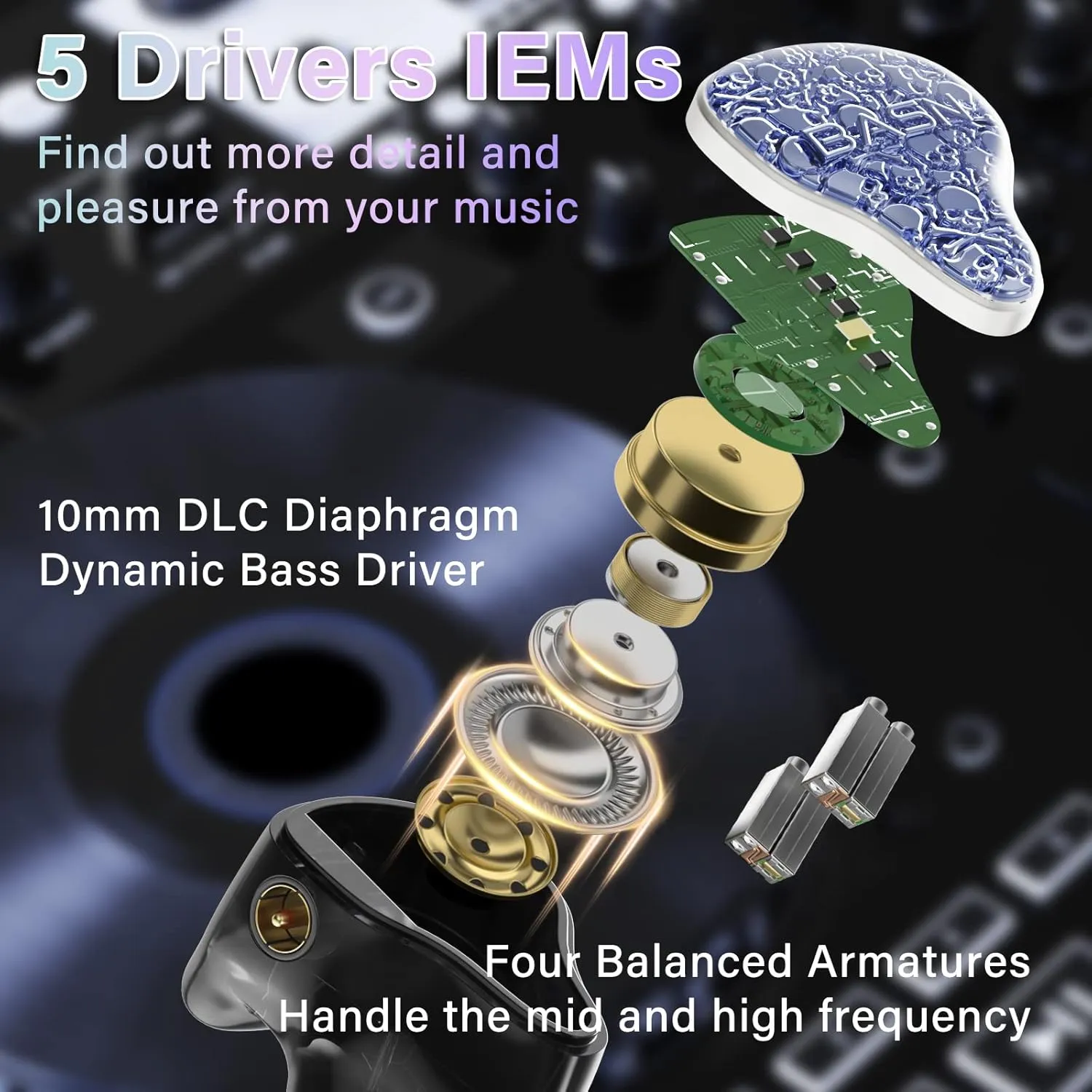BASN Bmaster5 in Ear Monitors, 1DLC Diaphragm 4BA 5 Drivers IEM Earphones with Silver-Plated OFC Cable, Noise Isolation Wired Earbuds for Musicians (Baltic Blue)