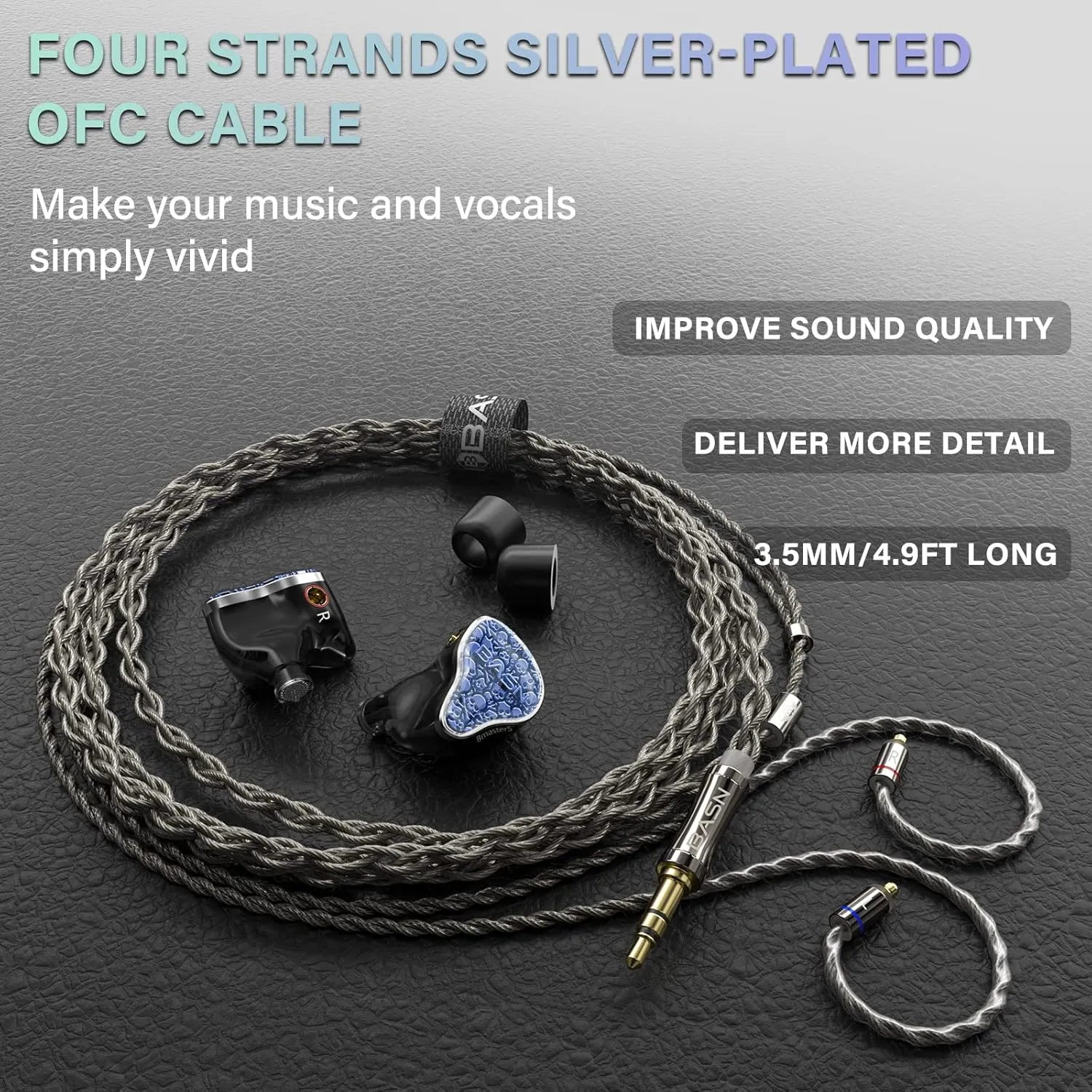 BASN Bmaster5 in Ear Monitors, 1DLC Diaphragm 4BA 5 Drivers IEM Earphones with Silver-Plated OFC Cable, Noise Isolation Wired Earbuds for Musicians (Baltic Blue)