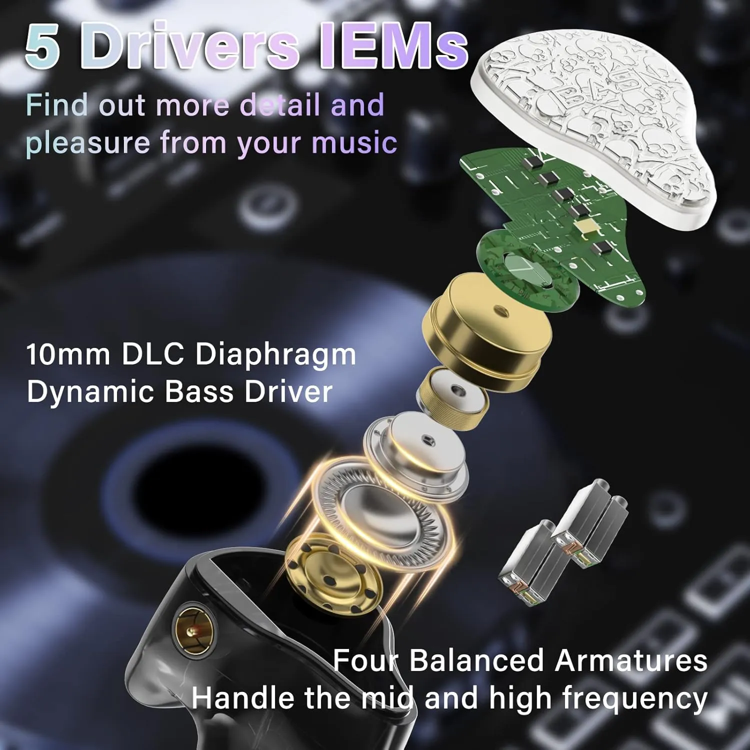 BASN Bmaster5 in Ear Monitors, 1DLC Diaphragm 4BA 5 Drivers IEM Earphones with Silver-Plated OFC Cable, Noise Isolation Wired Earbuds for Musicians (Glacier White)