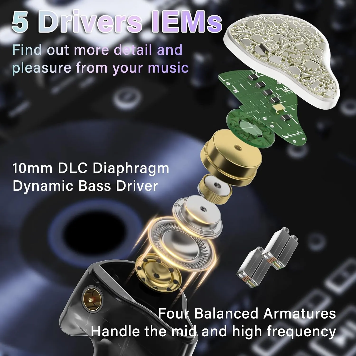 BASN Bmaster5 in Ear Monitors, 1DLC Diaphragm 4BA 5 Drivers IEM Earphones with Silver-Plated OFC Cable, Noise Isolation Wired Earbuds for Musicians (Starlight Gold)