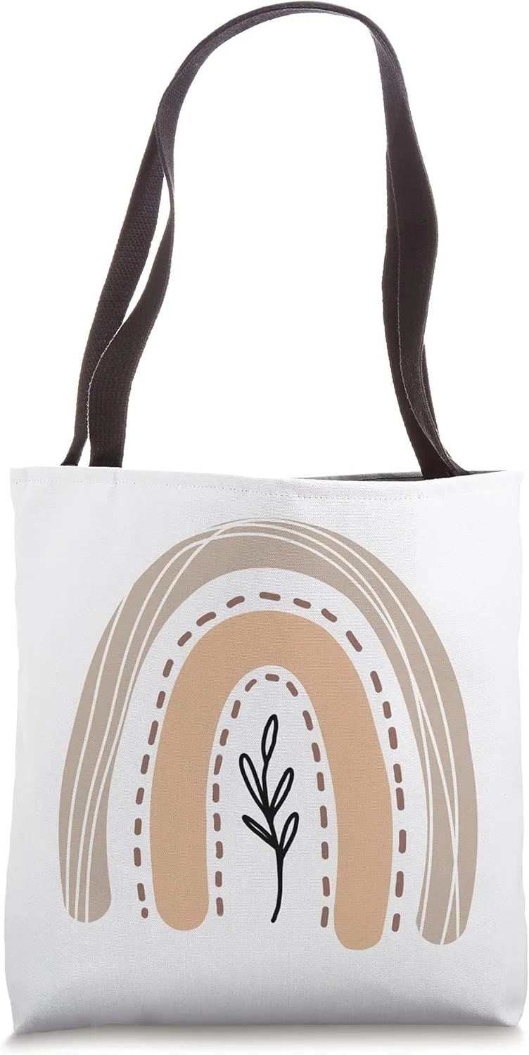 Beige Boho Botanical Plants Rainbow Minimalistic Aesthetic Tote Bag