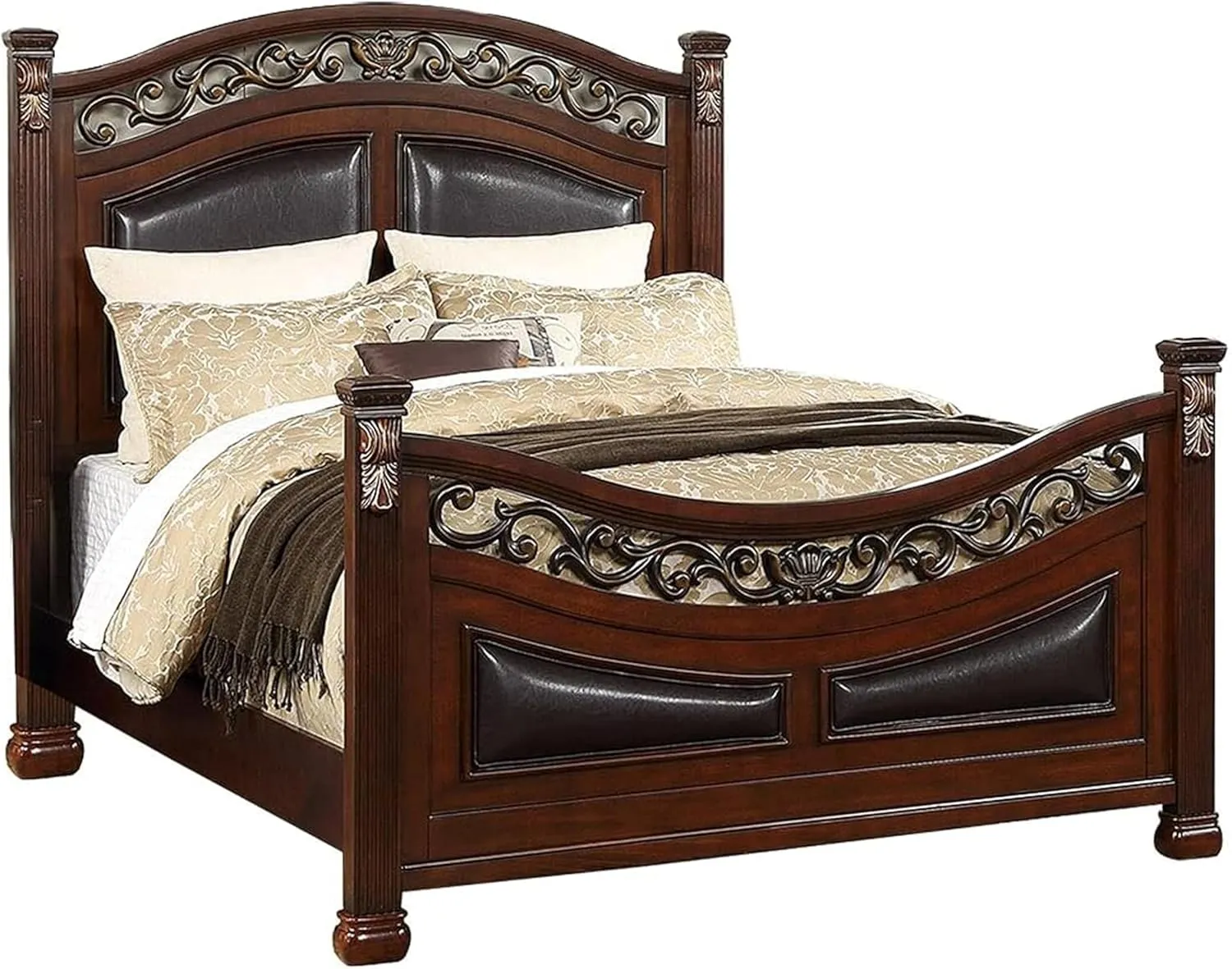 Benjara Meo Queen Size Bed, Padded Carved Dark Brown Faux Leather Upholstered