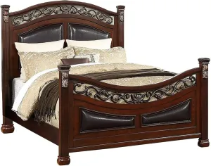 Benjara Meo Queen Size Bed, Padded Carved Dark Brown Faux Leather Upholstered