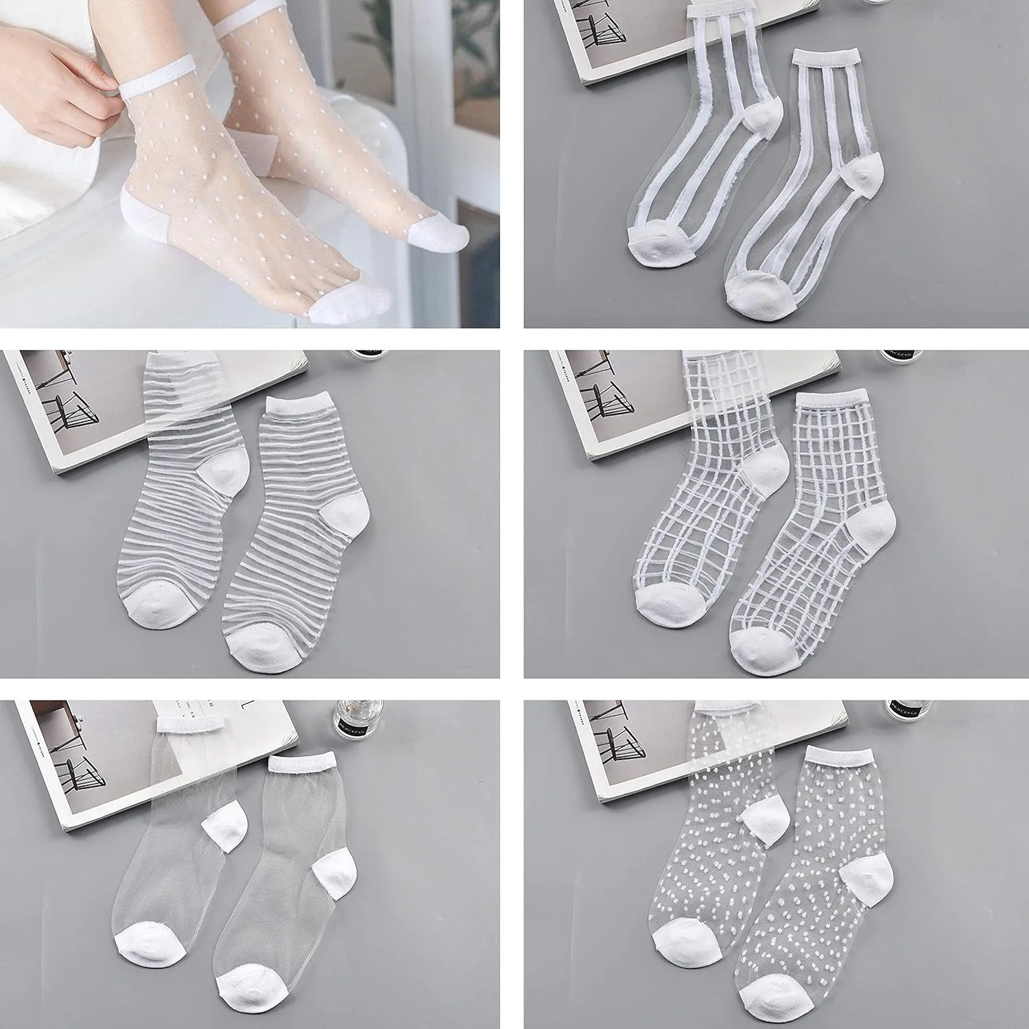 Bienvenu Sheer Socks Women, Lace Fishnet Mesh Nylon Socks, Thin Nylon Ankle Socks 5 Pairs