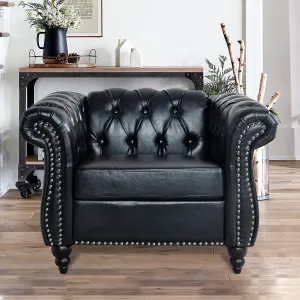 Black Faux Leather Chesterfield Accent Chair with Tufted Upholstery, Wingback Design & Club Style for Living Room, Bedroom, Office Furniture