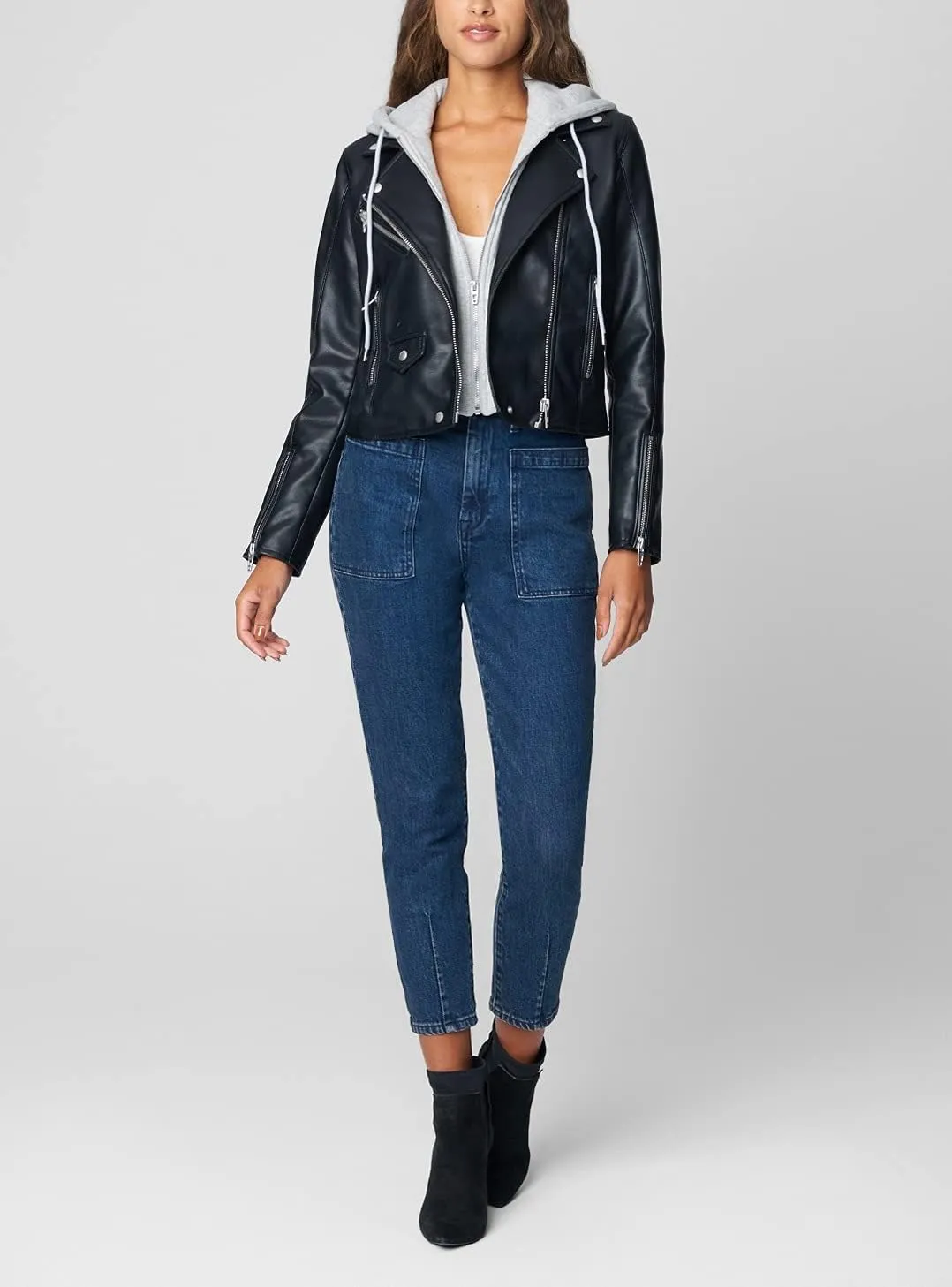 [BLANKNYC] womens Vegan Leather Moto Jacket With Removable Hood, Comfortable & Stylish Coat