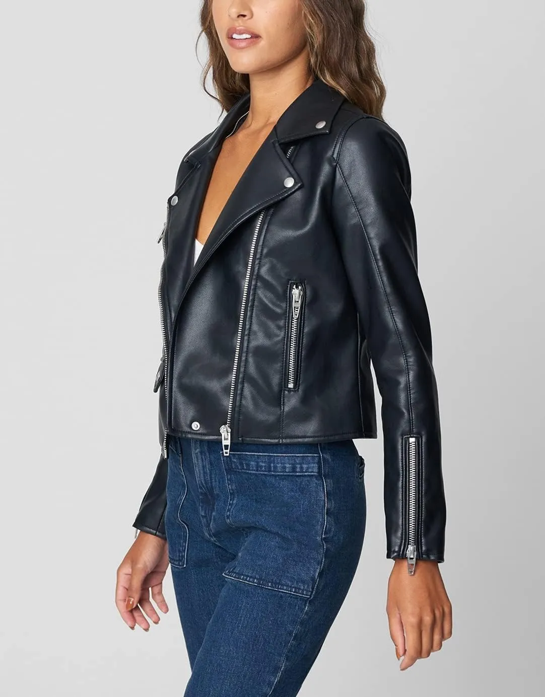 [BLANKNYC] womens Vegan Leather Moto Jacket With Removable Hood, Comfortable & Stylish Coat