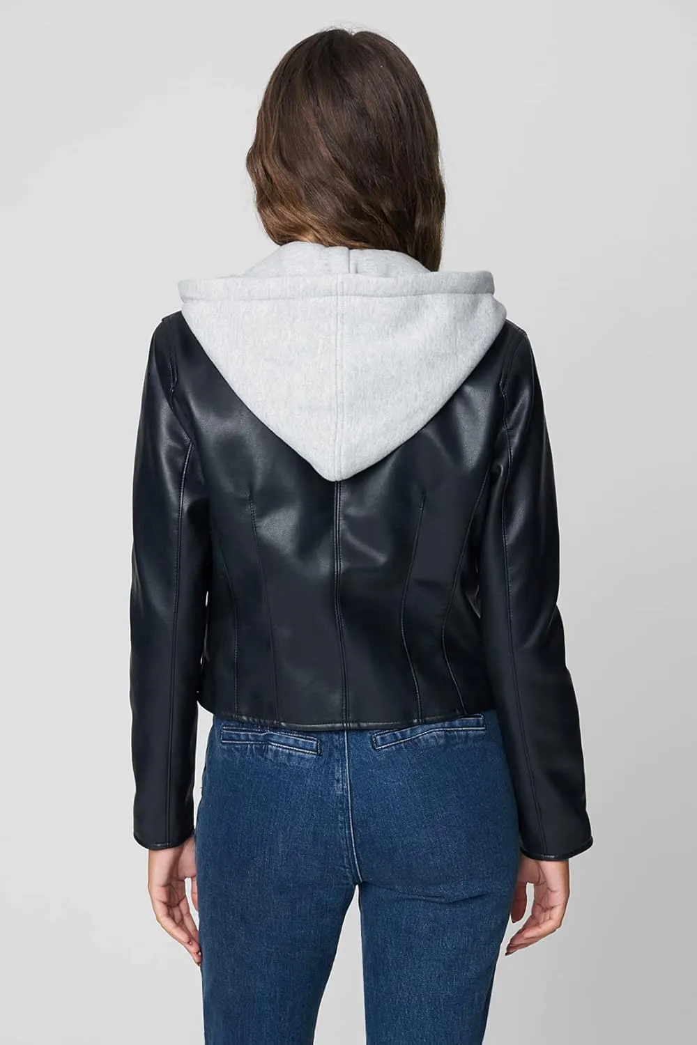 [BLANKNYC] womens Vegan Leather Moto Jacket With Removable Hood, Comfortable & Stylish Coat