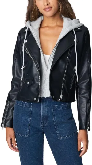 [BLANKNYC] womens Vegan Leather Moto Jacket With Removable Hood, Comfortable & Stylish Coat