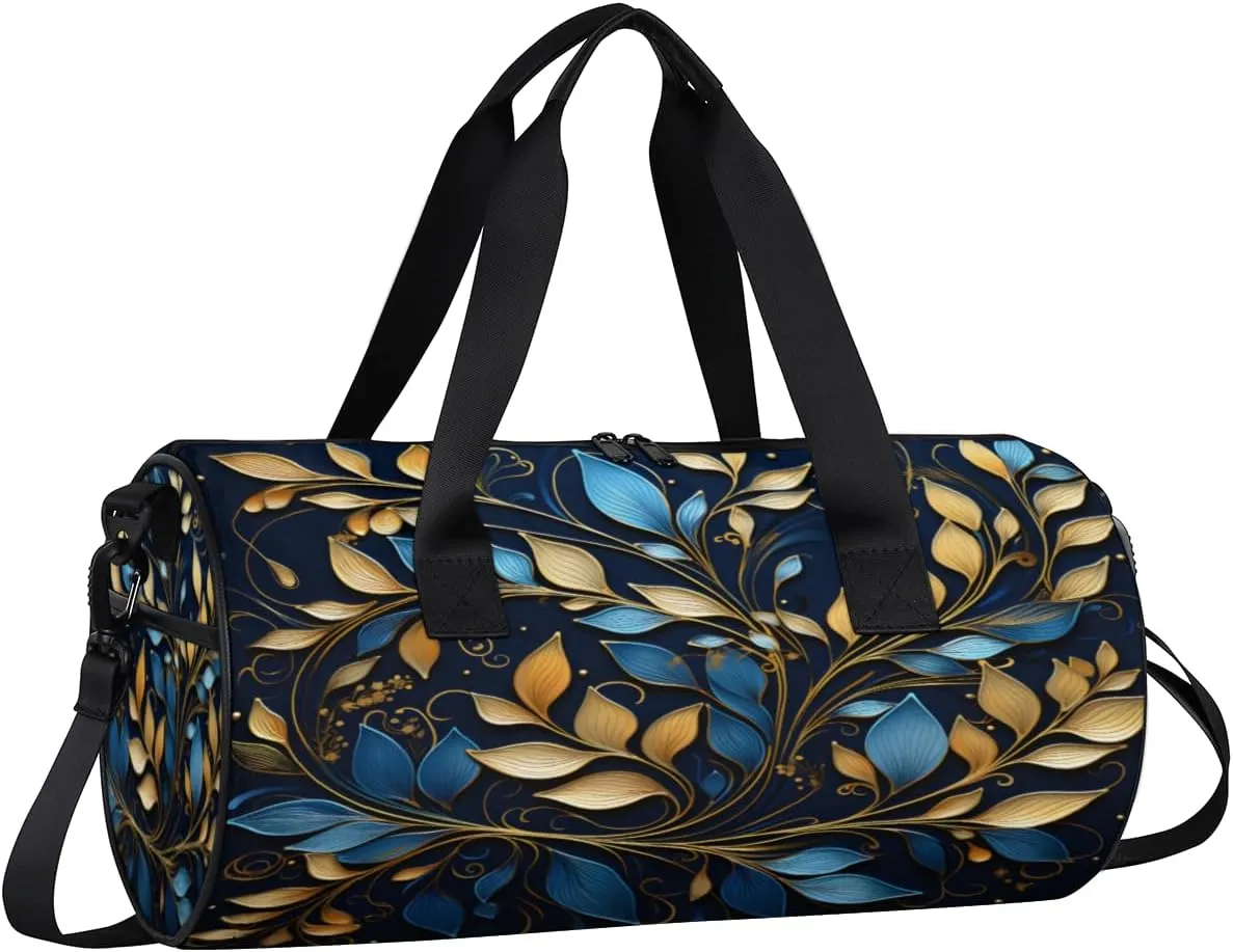 Blue Gold Leaf Ornament Sports Duffel Bag with Shoulder Strap, Large Capacity Gym Bag with Shoe Compartment, Water Resistant Travel Duffle Bag for Men Women Travel, Sports (17.6x9x9 Inch)