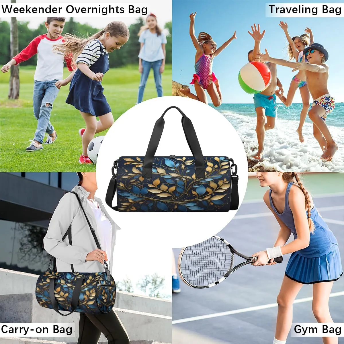 Blue Gold Leaf Ornament Sports Duffel Bag with Shoulder Strap, Large Capacity Gym Bag with Shoe Compartment, Water Resistant Travel Duffle Bag for Men Women Travel, Sports (17.6x9x9 Inch)