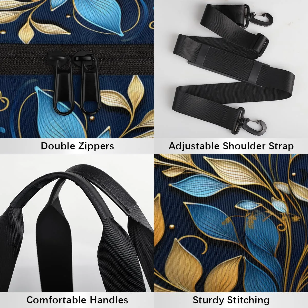 Blue Gold Leaf Ornament Sports Duffel Bag with Shoulder Strap, Large Capacity Gym Bag with Shoe Compartment, Water Resistant Travel Duffle Bag for Men Women Travel, Sports (17.6x9x9 Inch)