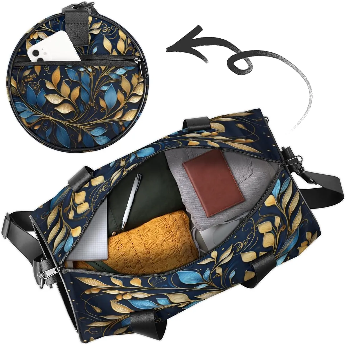 Blue Gold Leaf Ornament Sports Duffel Bag with Shoulder Strap, Large Capacity Gym Bag with Shoe Compartment, Water Resistant Travel Duffle Bag for Men Women Travel, Sports (17.6x9x9 Inch)