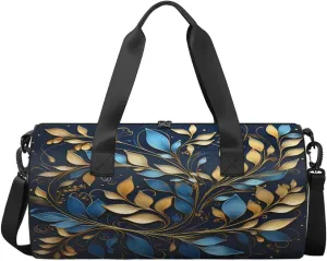 Blue Gold Leaf Ornament Sports Duffel Bag with Shoulder Strap, Large Capacity Gym Bag with Shoe Compartment, Water Resistant Travel Duffle Bag for Men Women Travel, Sports (17.6x9x9 Inch)
