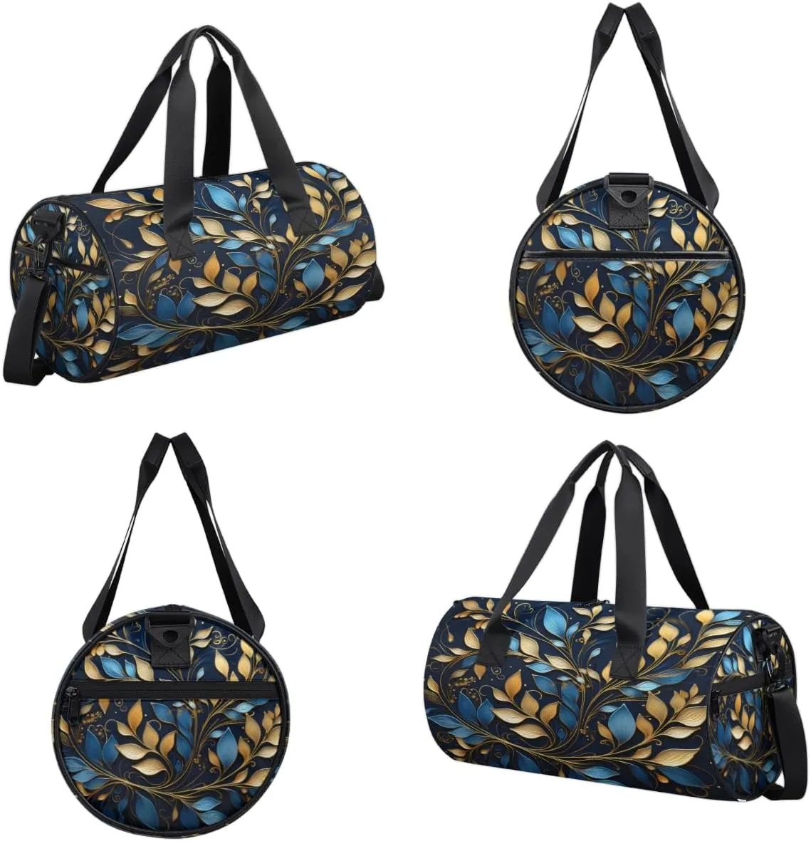 Blue Gold Leaf Ornament Sports Duffel Bag with Shoulder Strap, Large Capacity Gym Bag with Shoe Compartment, Water Resistant Travel Duffle Bag for Men Women Travel, Sports (17.6x9x9 Inch)