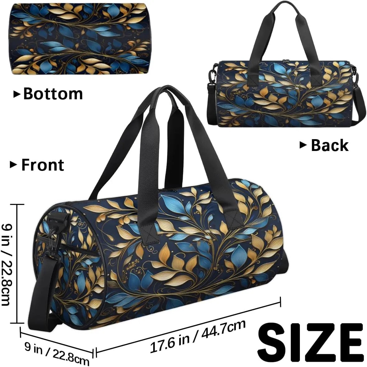Blue Gold Leaf Ornament Sports Duffel Bag with Shoulder Strap, Large Capacity Gym Bag with Shoe Compartment, Water Resistant Travel Duffle Bag for Men Women Travel, Sports (17.6x9x9 Inch)