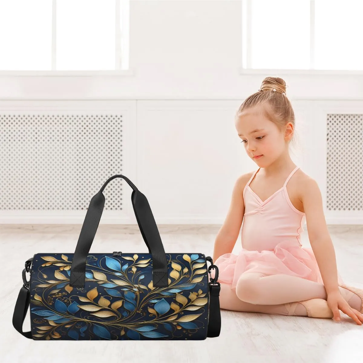 Blue Gold Leaf Ornament Sports Duffel Bag with Shoulder Strap, Large Capacity Gym Bag with Shoe Compartment, Water Resistant Travel Duffle Bag for Men Women Travel, Sports (17.6x9x9 Inch)