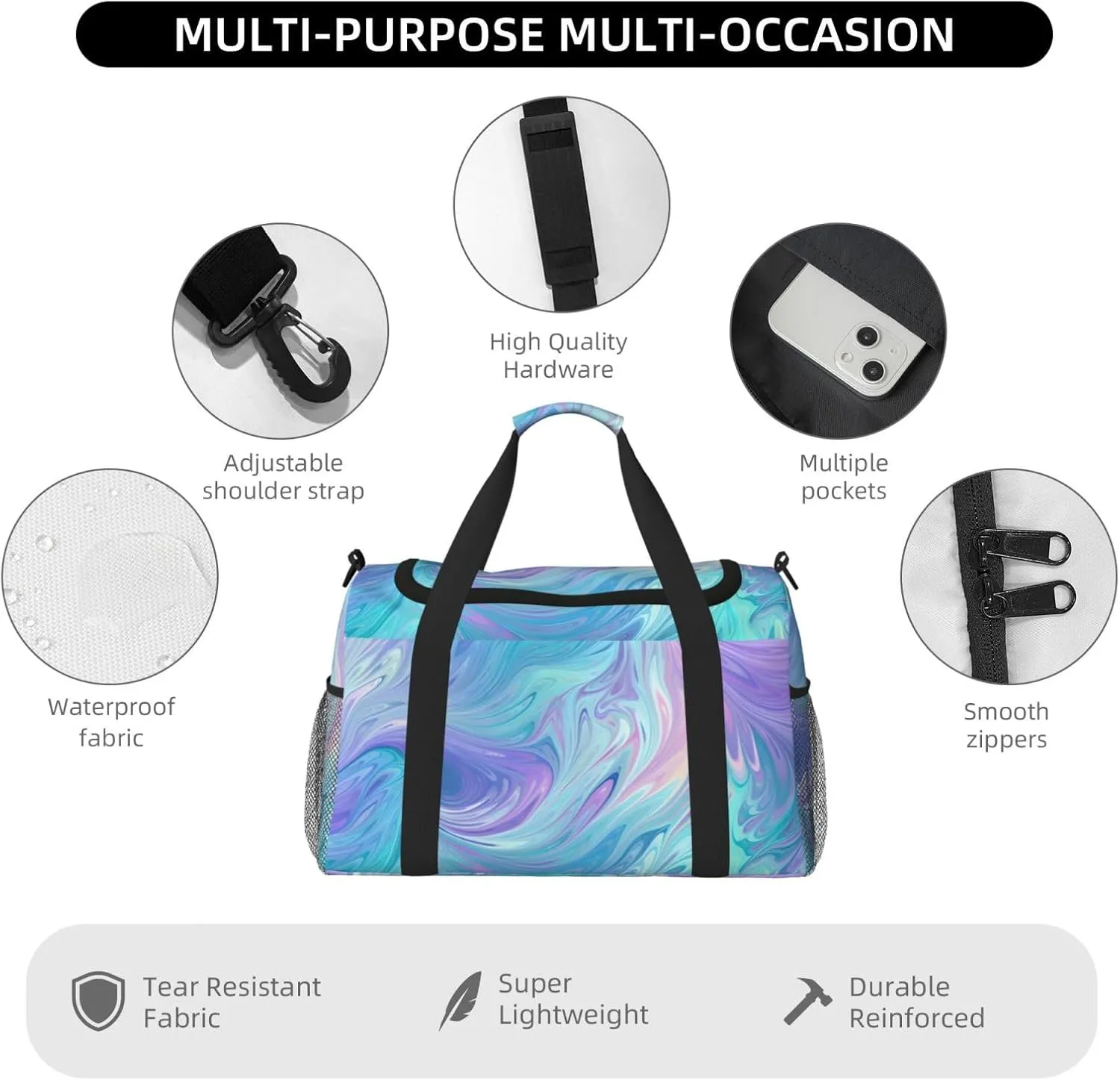 Blue Purple Liquid Duffle Bag Foldable Travel Tote Bag Carry On Large Weekender Overnight Bags Waterproof Gym Bag For Women Men