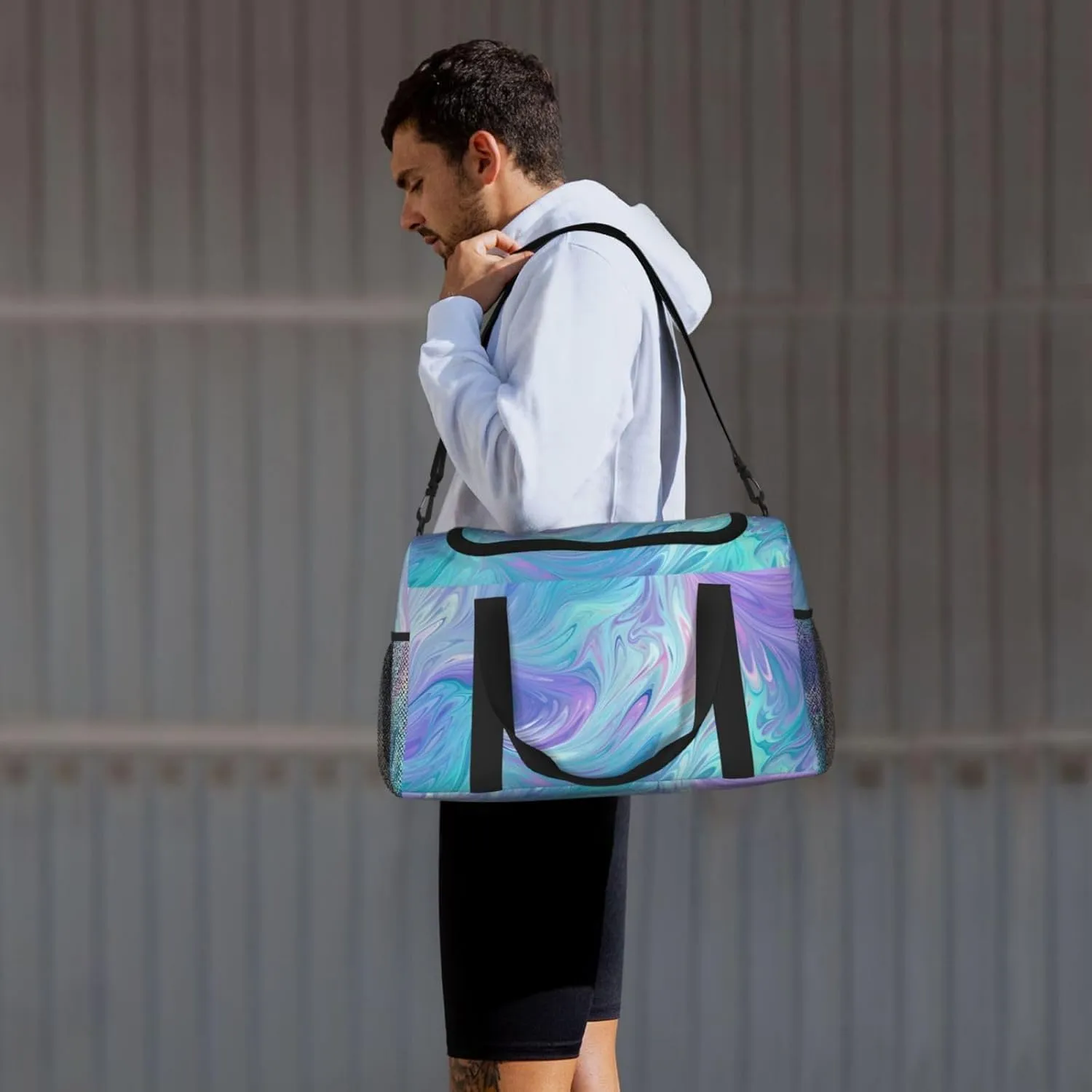 Blue Purple Liquid Duffle Bag Foldable Travel Tote Bag Carry On Large Weekender Overnight Bags Waterproof Gym Bag For Women Men