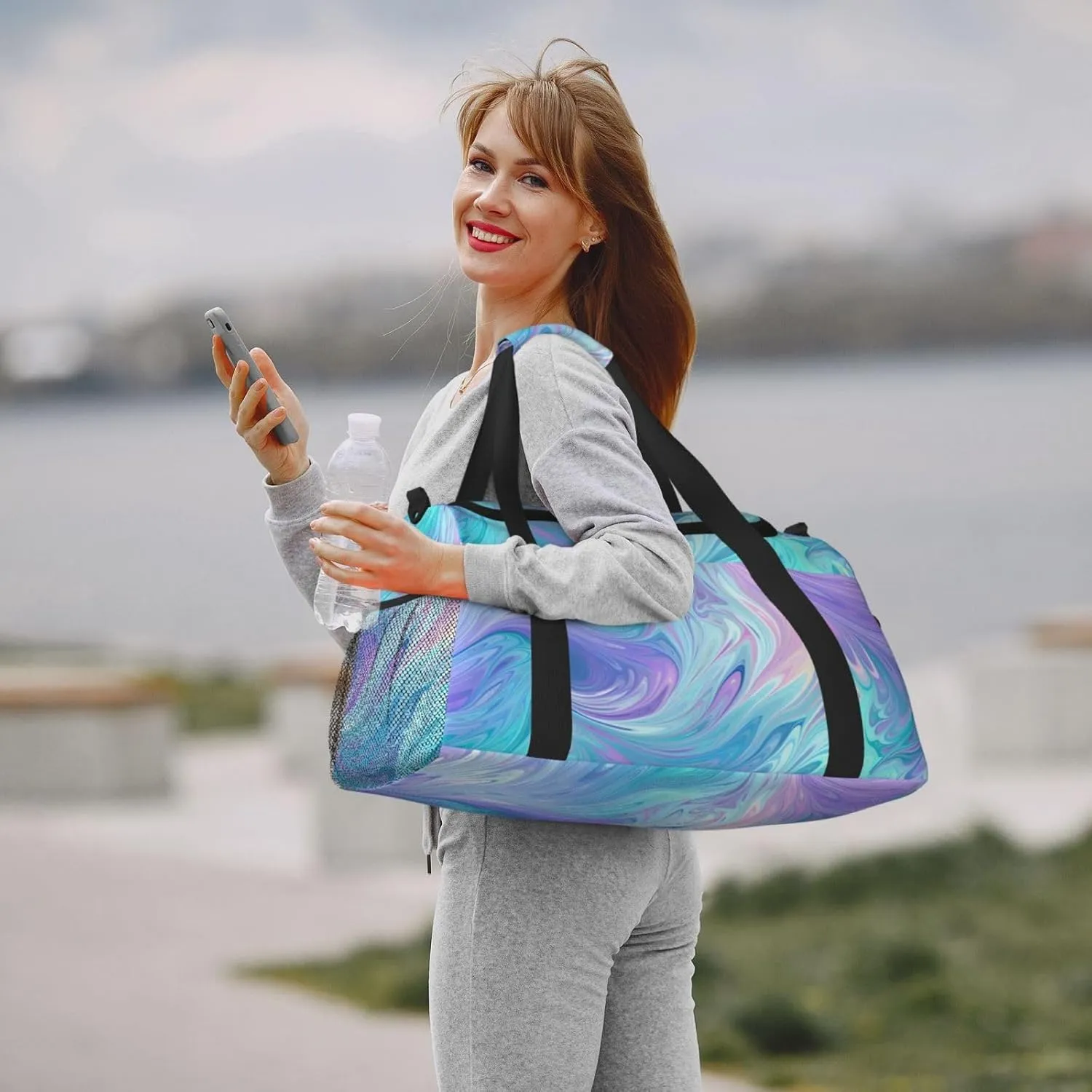 Blue Purple Liquid Duffle Bag Foldable Travel Tote Bag Carry On Large Weekender Overnight Bags Waterproof Gym Bag For Women Men